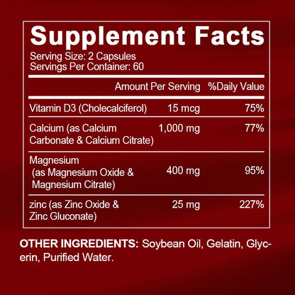 Alliwise Calcium Magnesium Zinc Capsule Vitamin D3 for Strong Bones Teeth Heart Nerve Increase Immune System Function Supplement