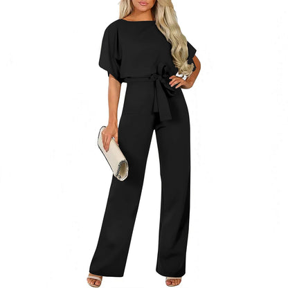 Women's Belted Jumpsuit Casual Wide-Leg Pants Summer Commute Outfit Stylish & Comfortable black