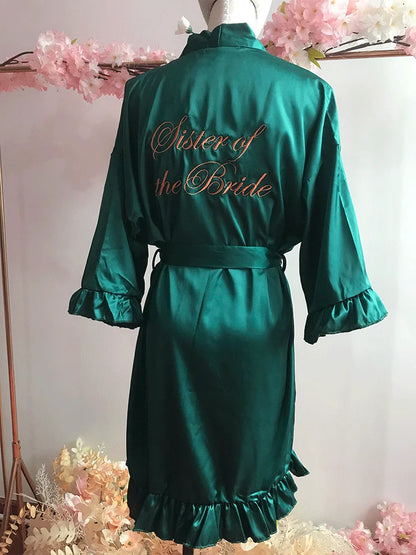 Personalized Embroidered Robe Ruffle Bridesmaids Silk Robes Bride Wedding Day Embroider Kimono Customizable Elements Kimono Robe Sister of the Bride