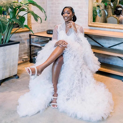 White Bridal Dresses for Photoshoot Puffy Tulle Women Robe Long Sleeve Maxi Gown Wedding Anniversary Bride Sleepwear Nightwear WHITE
