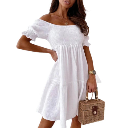 New Short Sleeve Off The Shoulder High Waist A-Line Pleated Dress Sexy Club Outfits Solid Color Summer Dress Women 2025 4