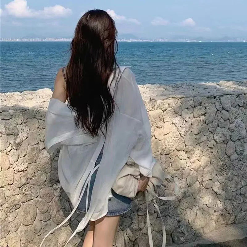 Thin Long Sleeve Sunscreen Shirt Woman Korean Fashion Back Split Lace Up White Shirts Women Casual Loose Holiday Beach Blouse