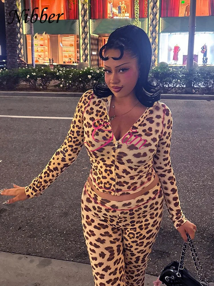 Nibber Leopard Print 2 Piece Set Women's Autumn Tracksuit Athleisure Hooded Crop Jacket + Flared Pants Stretch Matching Suit