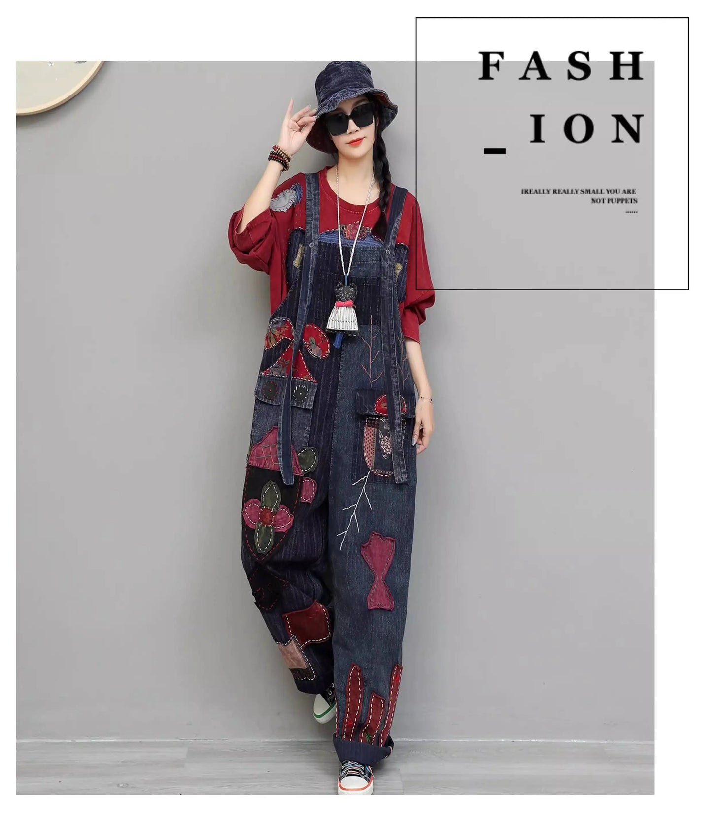 Hand Embroidery Old Cloth Patchwork Wide Leg Strap Long Pants Women Autumn Loose High Waist Jumpsuit LX4343 Badiee Stylez