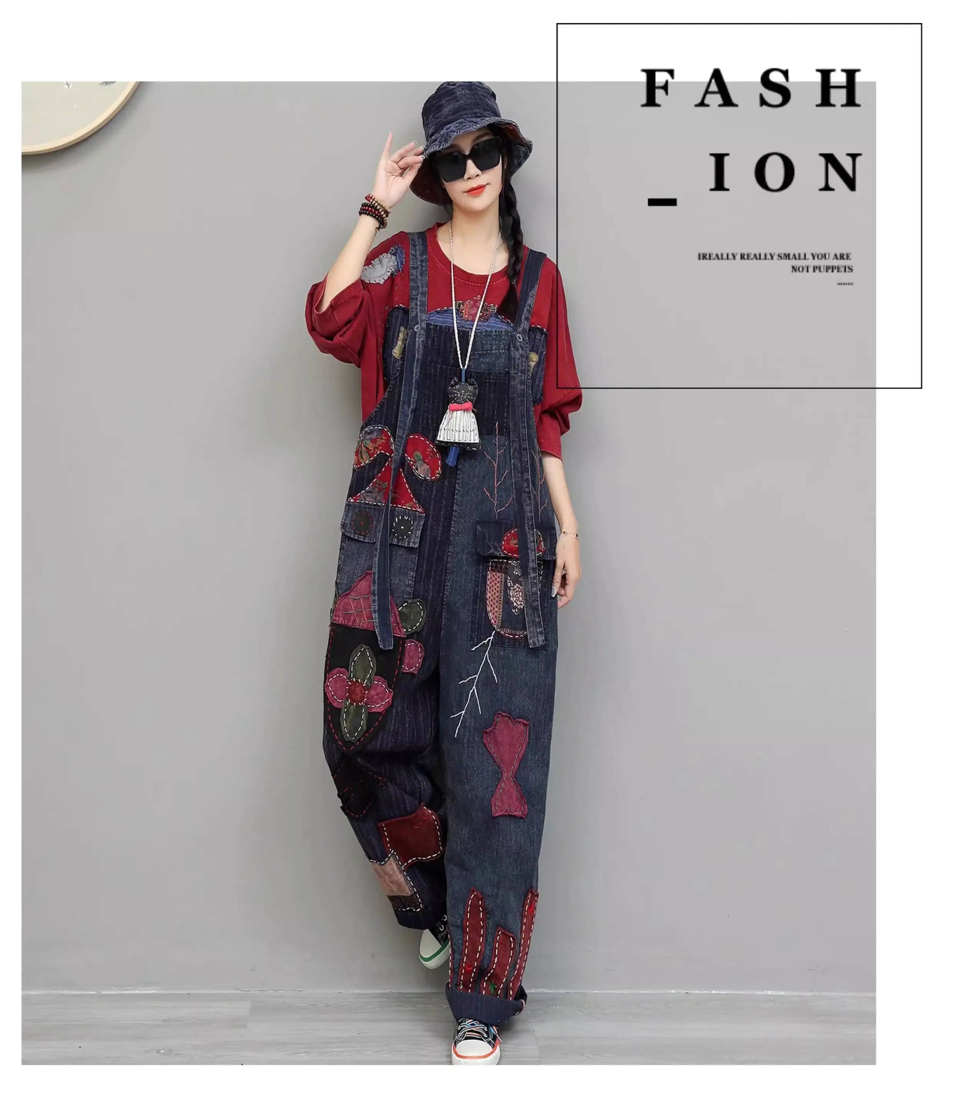 Hand Embroidery Old Cloth Patchwork Wide Leg Strap Long Pants Women Autumn Loose High Waist Jumpsuit LX4343 Badiee Stylez
