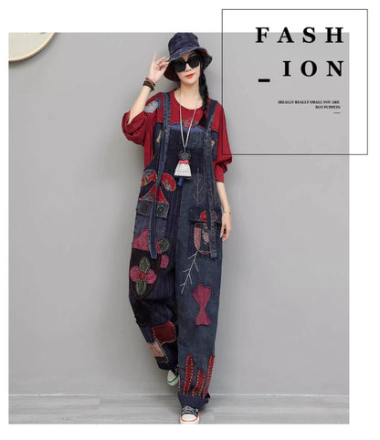 Hand Embroidery Old Cloth Patchwork Wide Leg Strap Long Pants Women Autumn Loose High Waist Jumpsuit LX4343 Badiee Stylez
