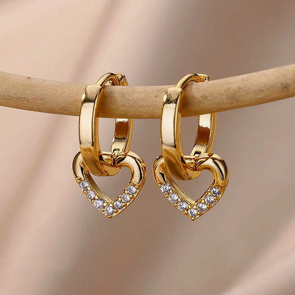 Hollow Heart Earrings for Women Stainless Steel Dangle Drop Earrings 2024 Trend Cubic Zirconia Wedding Couple Ear Jewelry aretes