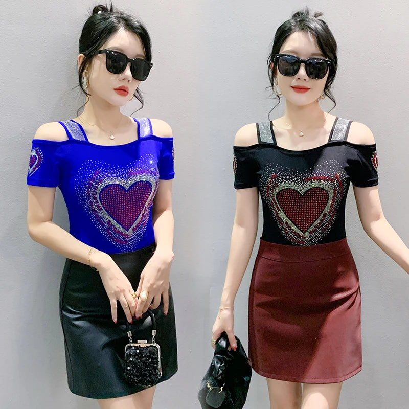 Aoxison Summer Short Sleeved Women's T-Shirt Elegant Slim Shiny Love Heart Diamonds Mesh Tops Chic Girl Sexy Off Shoulder Tees