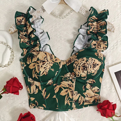 Sexy Bandage Ruffle Off Shoulder Slim Top Chic Straps Camis Slim Korean Tanks Top Elegant Crop Top Summer Women Bustier H149-Green