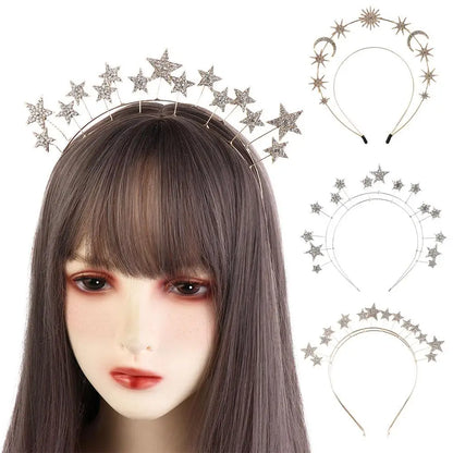 Exaggerated Metal Star Hair Hoop Silver Princess Halo Crown Bridal Hair Tiara Rhinestone Baroque Hairbands Children