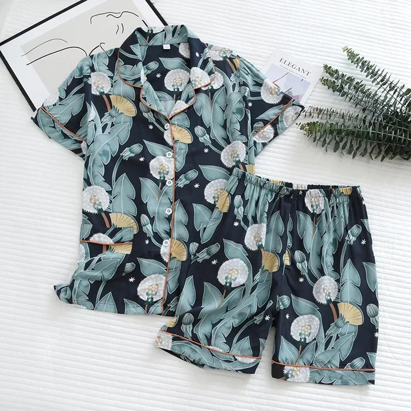 Spring and autumn ladies cute cartoon floral viscose fiber pajamas two-piece long-sleeved home service cotton summer thin shorts 07