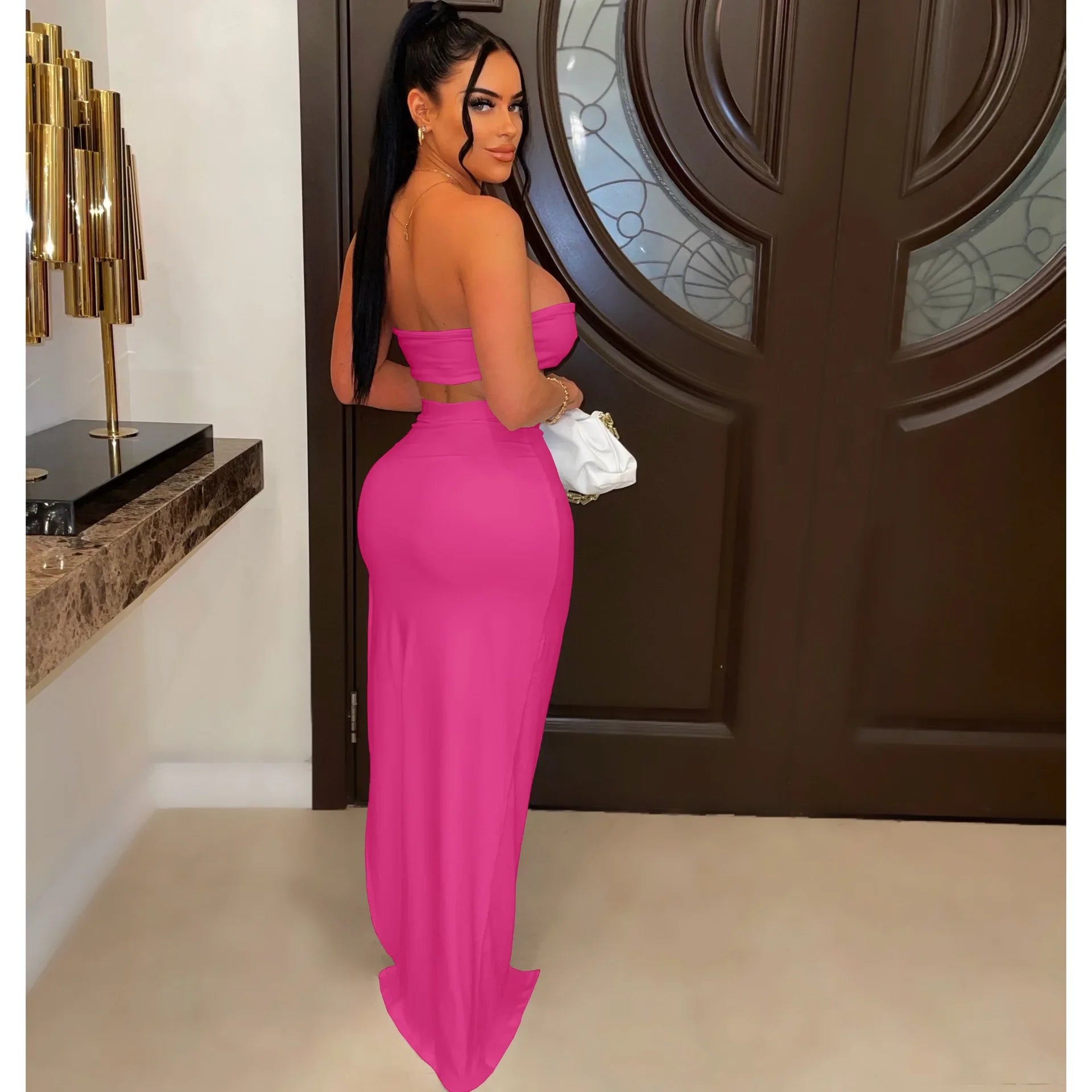 New Chic Gold Ring Bandeau Slit Skirt Two-Piece Set Womens Beautiful Off Shoulder Matching Skirt Set Nightclub Outfits Badiee Stylez