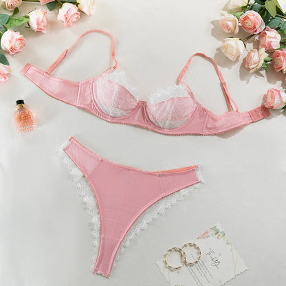 French Satin Lace Bra And Thong Set Sexy Ultrathint Lace Patchwork Lingerie Two Picec Sets Fancy Erotic Intimate Underwear Suit