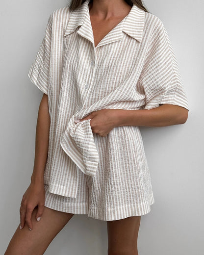 Hiloc Elegant Cotton Stripe Shorts Suits Pajamas Summer Short Sleeve Blouse With Elastic Waist Shorts 2 Piece Sets Home Outfits