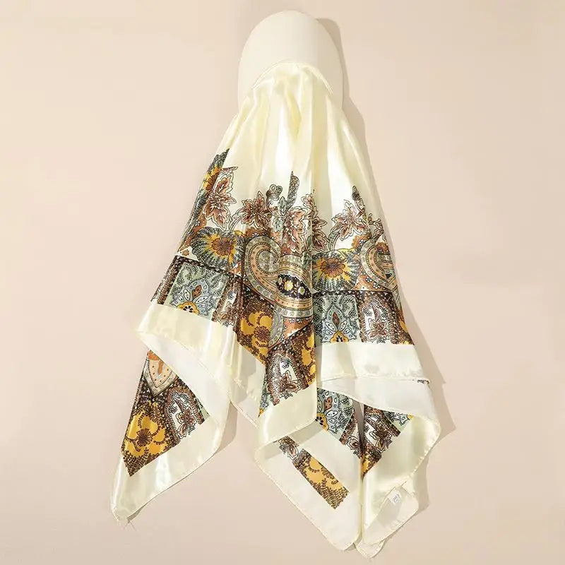 Outdoor Satin Silk Headscarf Hat with Brim 2-in-1 Sun Hat and Headband Elegant Printed Square Scarf Cap