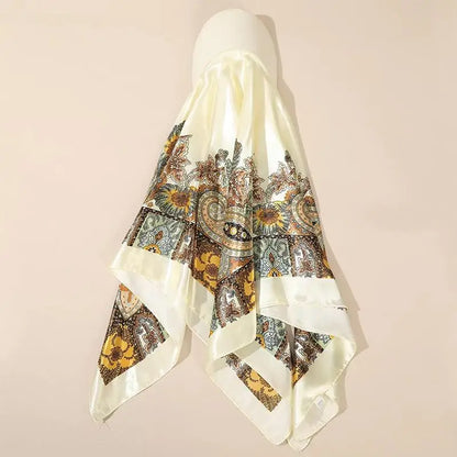 Outdoor Satin Silk Headscarf Hat with Brim 2-in-1 Sun Hat and Headband Elegant Printed Square Scarf Cap