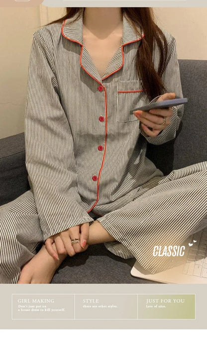 2PCS/Set Women's Long Sleeve Loose Breathable Student Sleepwear Loungewear Cardigan Gray Striped Girl Fashion Pajamas Homewear