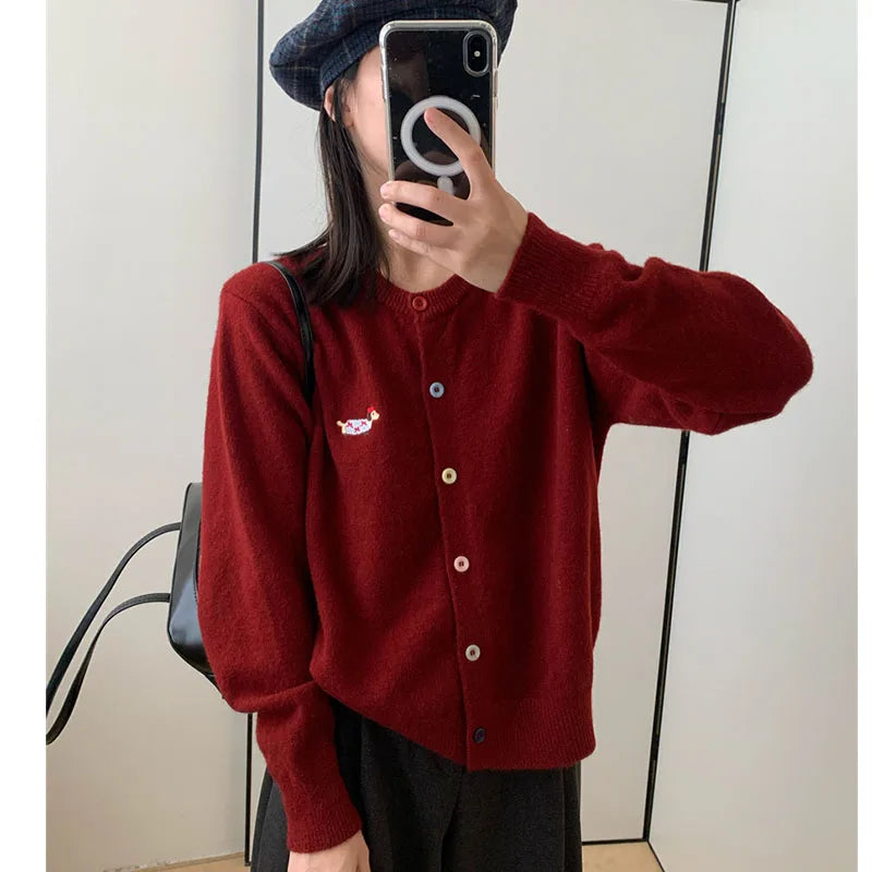 Women Knitwear Chic Embroidery Loose Casual Cardigan Autumn Winter Soft Elegant O-neck Sweaters Commute Basic Knitted Tops Red
