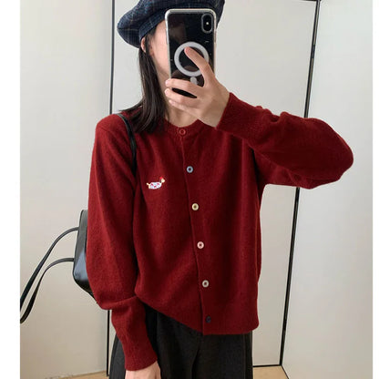 Women Knitwear Chic Embroidery Loose Casual Cardigan Autumn Winter Soft Elegant O-neck Sweaters Commute Basic Knitted Tops Red