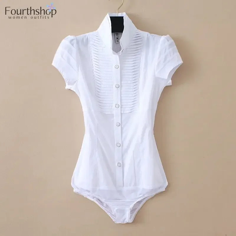 Elegant Bodysuit Women Short Sleeve White Color Shirring Design Blouses And Tops Office Lady Work Wear Formal Body Shirt Female WHITE