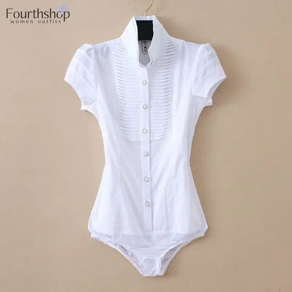 Elegant Bodysuit Women Short Sleeve White Color Shirring Design Blouses And Tops Office Lady Work Wear Formal Body Shirt Female WHITE