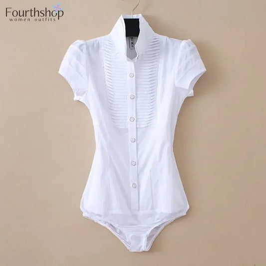 Elegant Bodysuit Women Short Sleeve White Color Shirring Design Blouses And Tops Office Lady Work Wear Formal Body Shirt Female WHITE