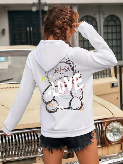 Graffiti Line Bear Simple Print Female Hoody Harajuku S-Xxl Sweatshirt Fashion Casual Street Hooded Autumn Warm Streetwear Women White