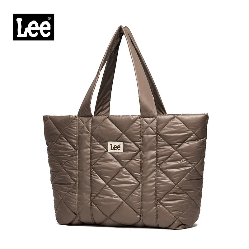 LEE Large Soft Puffer Bag Women Big Size College Students Laptop Book Quilted Tote Bag Lady Down-filled Shopping School Bags Color A-Brown