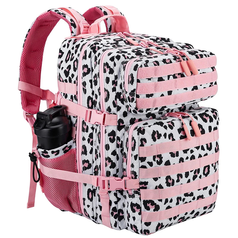 LHI 45L Tactical Backpack for Men and Women Large Athlete Gym Bag Outdoor Sports Hiking Survival Rucksack with Bottle Holder Leopard pink