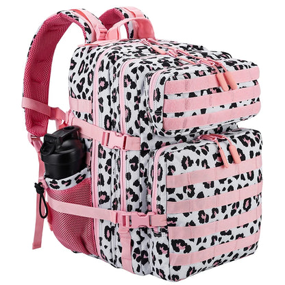 LHI 45L Tactical Backpack for Men and Women Large Athlete Gym Bag Outdoor Sports Hiking Survival Rucksack with Bottle Holder Leopard pink