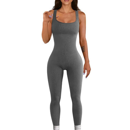 Women Workout Seamless Jumpsuit Yoga Ribbed Bodycon One Piece Square Neck Leggings Romper Badiee Stylez