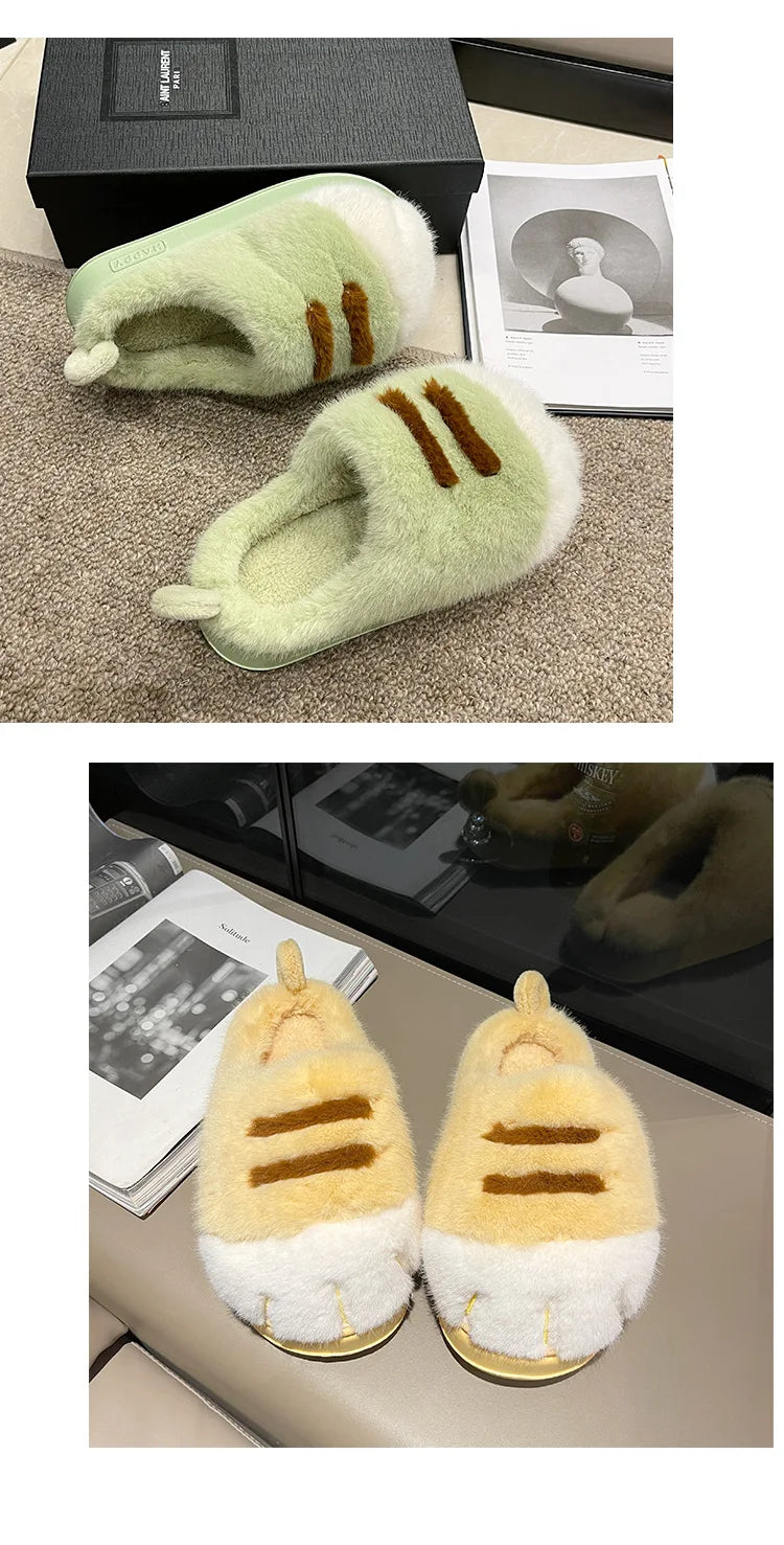 New Adorable Kitty Claw Slippers Women's Home Shoes Non Slip Furry Mules Female Fashion Warm Fluffy Slides Outdoor Cat Slippers Badiee Stylez
