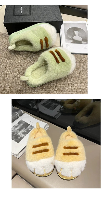 New Adorable Kitty Claw Slippers Women's Home Shoes Non Slip Furry Mules Female Fashion Warm Fluffy Slides Outdoor Cat Slippers Badiee Stylez