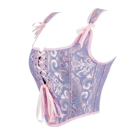 Blue Jacquard Corset Sexy Shoulder Straps Overbust Bustiers Crop Top Lace Up Brocade Vest Lingerie Gothic For Women Outfit