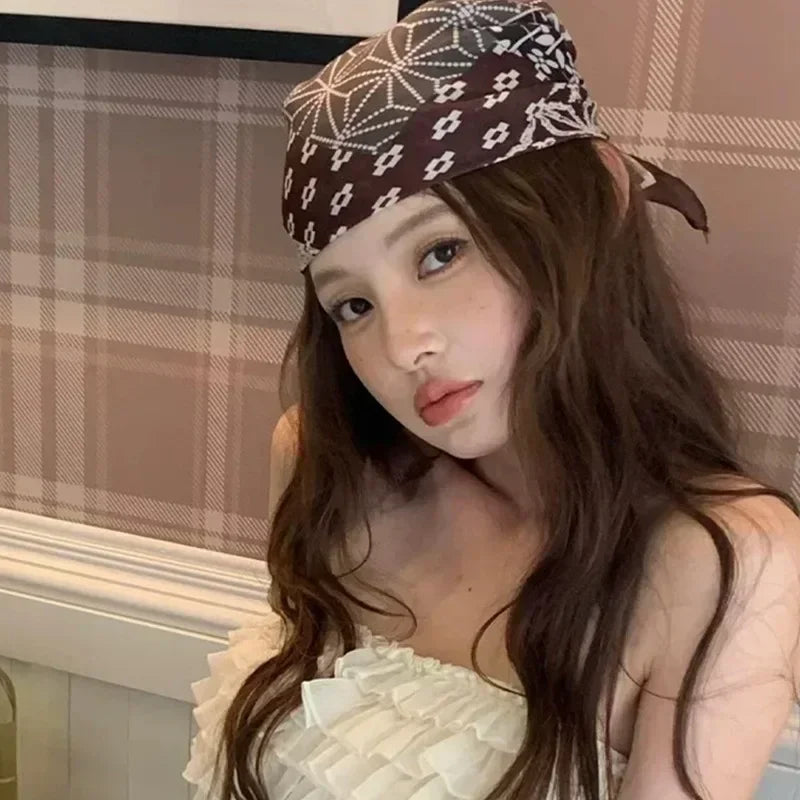 Y2k Bandana Cotton Floral Print Neckerchief Women Korean Cotton Linen Square Scarf Elegant Neck Scarves Small Wraps Bandana