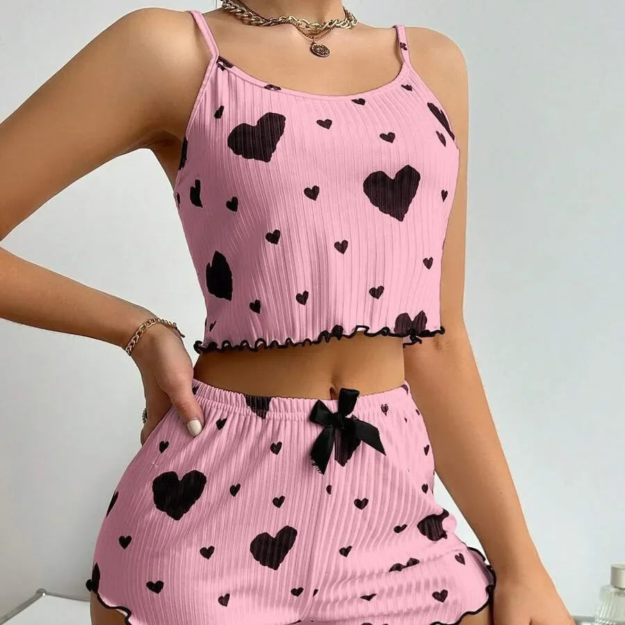 Women's Pajamas Set Sleepwear 2 PCS Short Tank Tops And Shorts S M L White Ventilate Soft Casual Love Printing pink-red