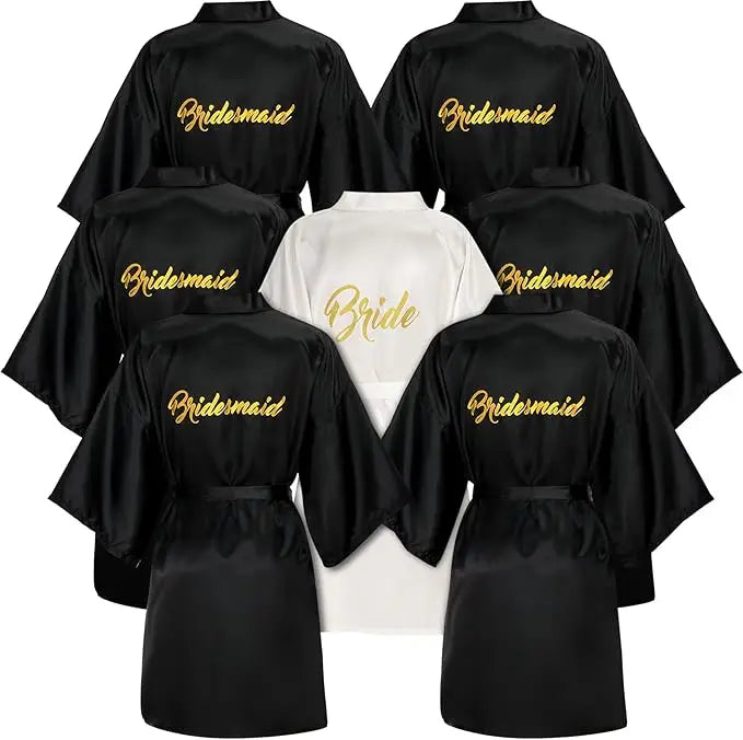 7 Pcs Bridesmaids Satin Robes Wedding Bride Matron of Honor Kimono Robes Maid of Honor Robe for Bridal Party Gift Black One Size