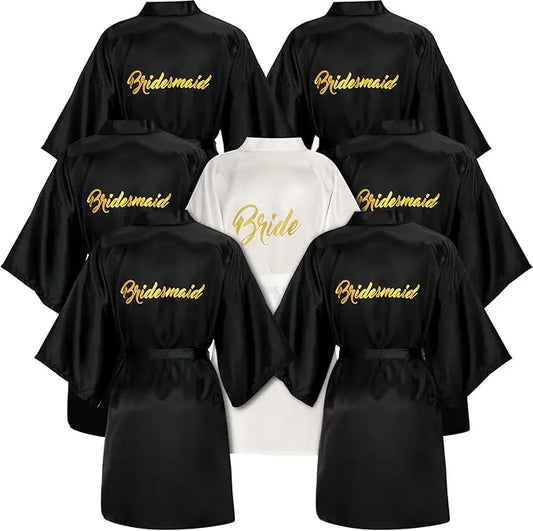 7 Pcs Bridesmaids Satin Robes Wedding Bride Matron of Honor Kimono Robes Maid of Honor Robe for Bridal Party Gift Black One Size