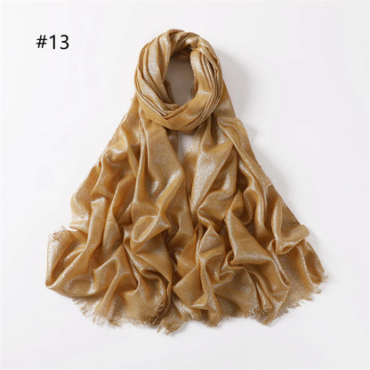 Lastest Brand Design Scarf Shiny Solid Color Shawls Rayon Fabric Gold Silk Silver Wire Head Shawl Fringe Hijab For Women