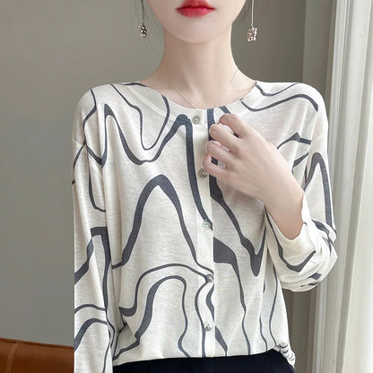 Spring And Summer New Lyocell Water-Soluble Wool Blended Round Neck Knit Cardigan Long Sleeve Feminine Sweater Printed Top 2 CHINA