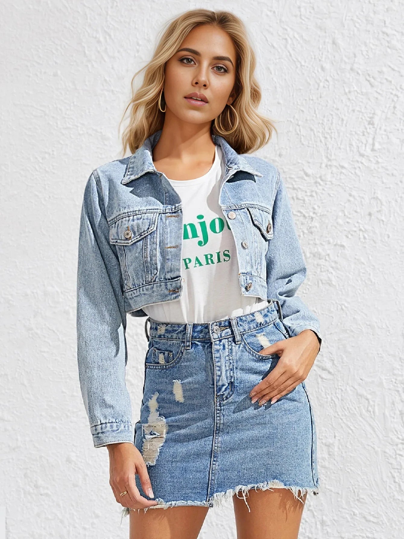 Women's Spring Denim Top with Stylish Lapel and Long Sleeves in Solid Color Individuality High-waisted, Cropped Denim Jacket