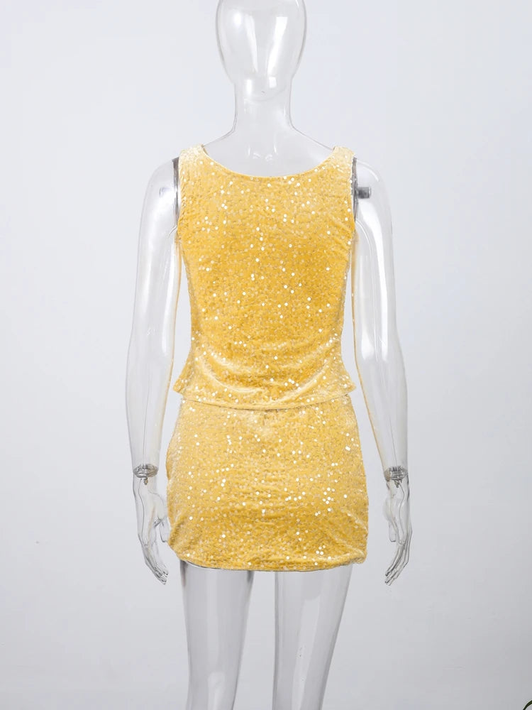 O-neck Vest Mini Skirt Suits Women Sexy sparkly Sequined Sleeveless Tank Tops With Bodycon Short Skirts Fashion Ladies Beachwear