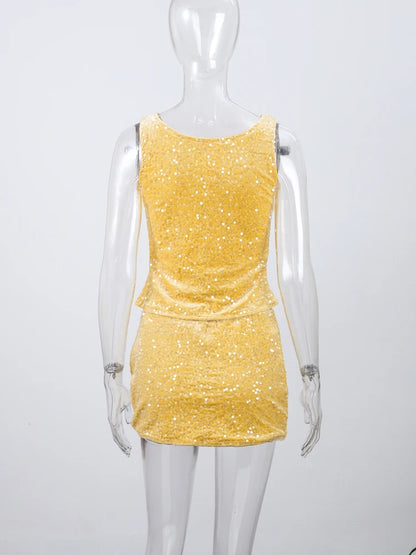 O-neck Vest Mini Skirt Suits Women Sexy sparkly Sequined Sleeveless Tank Tops With Bodycon Short Skirts Fashion Ladies Beachwear