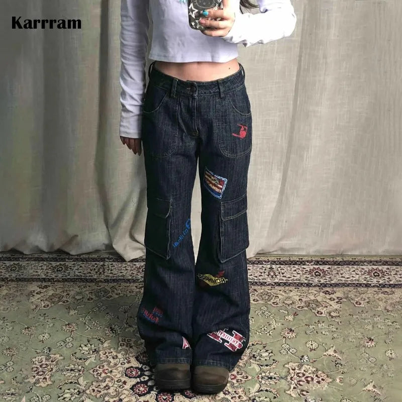 Karrram Vinatge Y2k Baggy Jeans Japanese 2000s Style High Waist Flared Jeans American Retro Denim Cargo Pants Harajuku Trousers