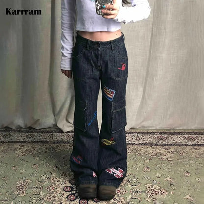 Karrram Vinatge Y2k Baggy Jeans Japanese 2000s Style High Waist Flared Jeans American Retro Denim Cargo Pants Harajuku Trousers