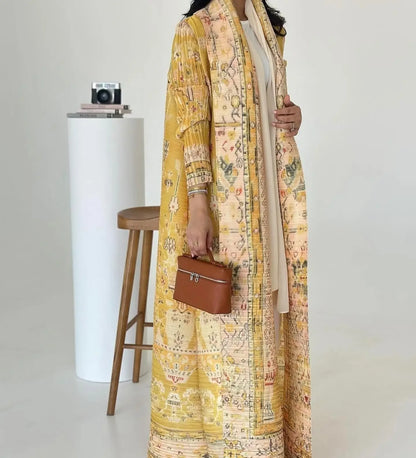 Abaya Ethnic Style Printed Pleated Coat Cape Shawl 2024 Spring/summer Big Collar Lace Up Cardigan Top Long Windbreaker Robe