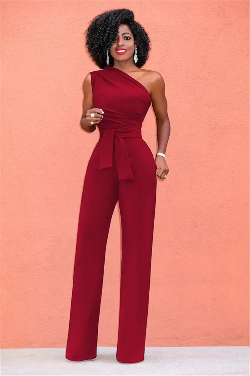 Women's Jumpsuit Solid Skew Collar Crop Top Straight Pants Belt Sexy Sleeveless Loose Pants Elegant Charming Playsuits 2024 Badiee Stylez