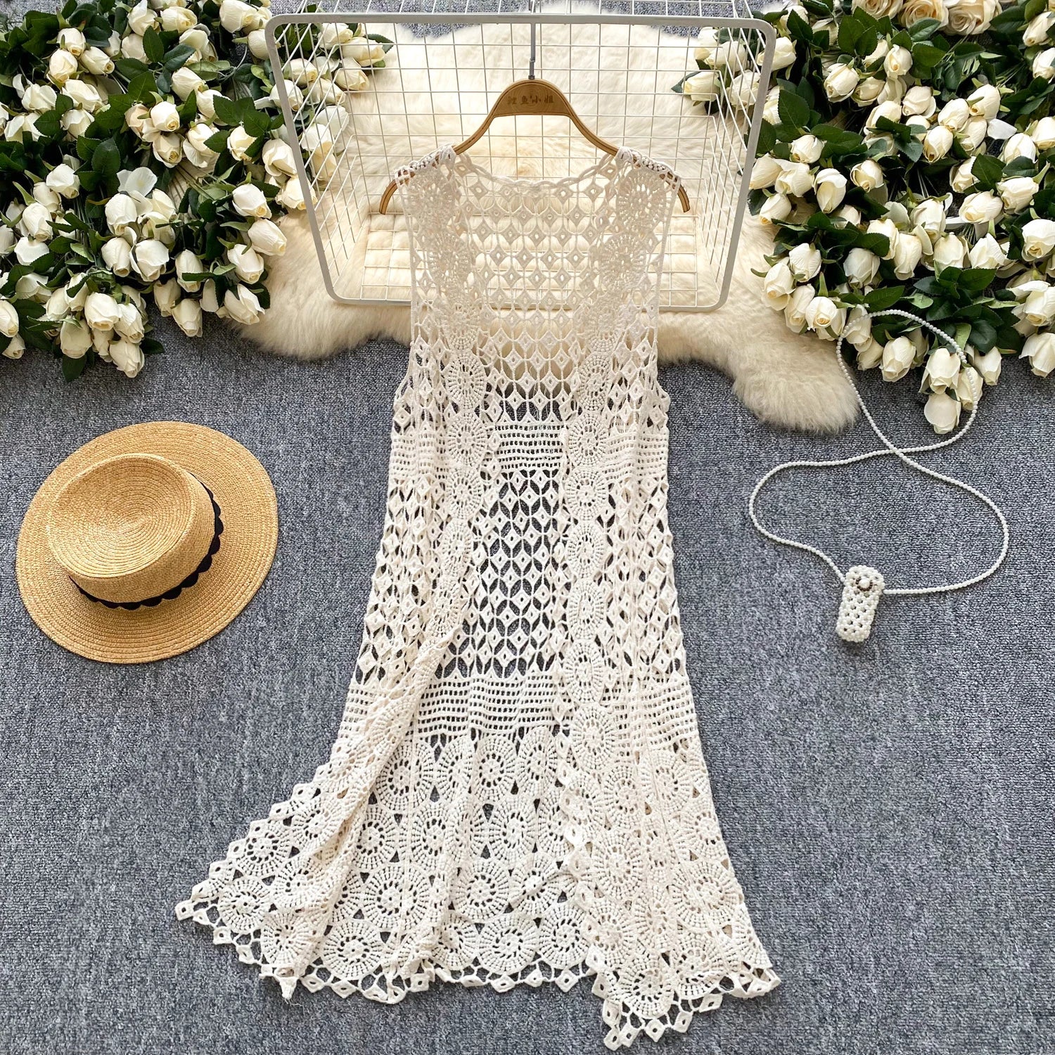 Women bohemian Sweet Knit cut out Hook flower hollow Cardigan Vintage Elegant Korean Fashion split Loose Coat Ins Apricot One Size
