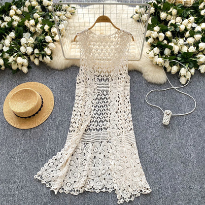 Women bohemian Sweet Knit cut out Hook flower hollow Cardigan Vintage Elegant Korean Fashion split Loose Coat Ins Apricot One Size