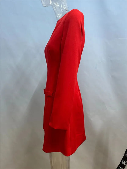 Mozision Double Bow Long Sleeve Sexy Mini Dress For Women Autumn Winter New Solid High Waist Bodycon Club Party Dress Elegant